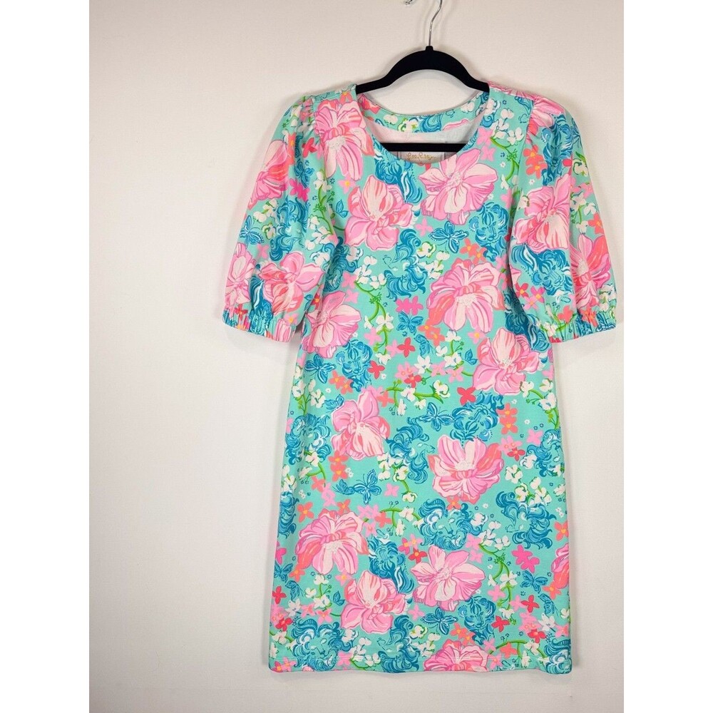 Lilly Pulitzer Dress Blue Cayce Mini Puff Sleeve Floral Luscious Lions Small - Picture 7 of 11